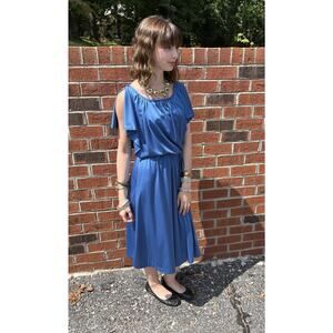 Vintage Dress Juniors Blue Cottagecore Boho Flutter Sleeve 80's Retro Midi Flowy